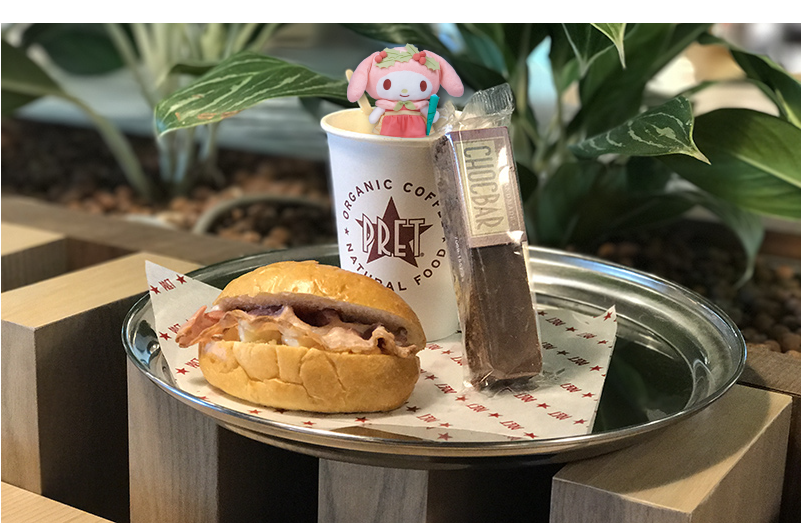 A coffee, sandwich and chocolate bar from Pret a Manger